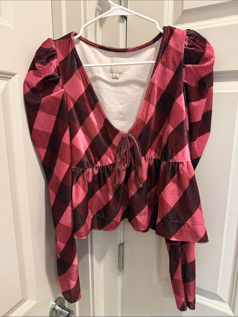 Maeve Pink and Burgundy Plaid Tie-Front Peplum Top